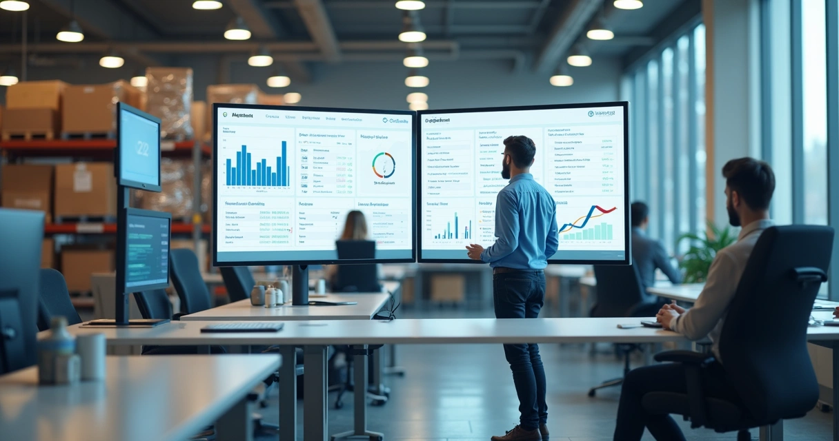 Gestor analisando painel de pedidos e estoque centralizado em tela gigante 