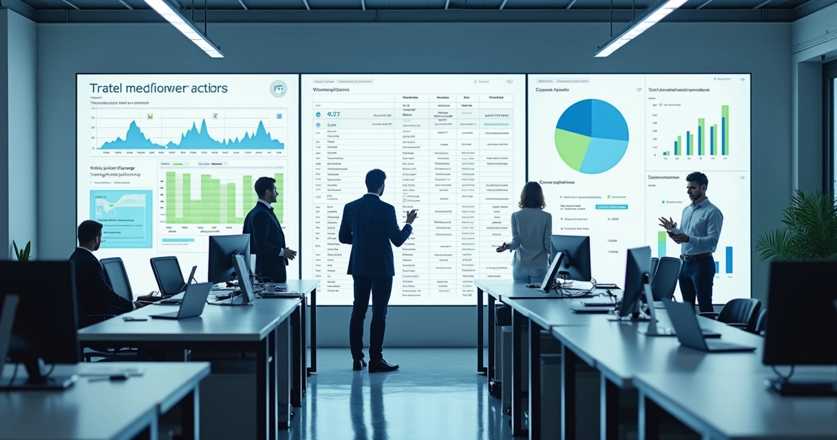 Tela de computador com sistema mostrando pedidos e estoque de vários canais, funcionários conversando em frente a tela 