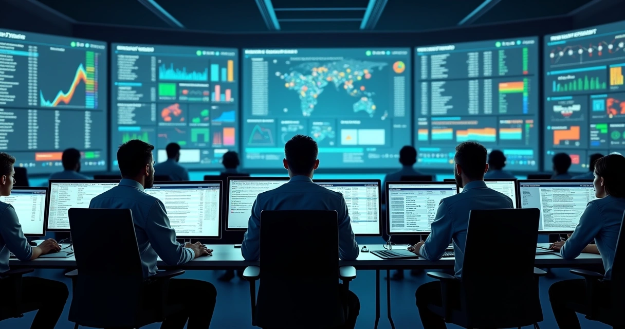 Dashboard com painéis de solicitações de TI centralizadas, diversos dispositivos e colaboradores observando dados na tela 