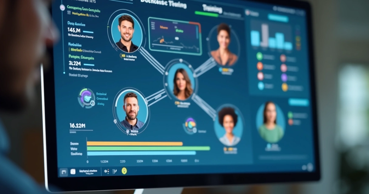 Tela de computador exibindo plataforma digital de treinamentos, vários usuários acessando simultaneamente