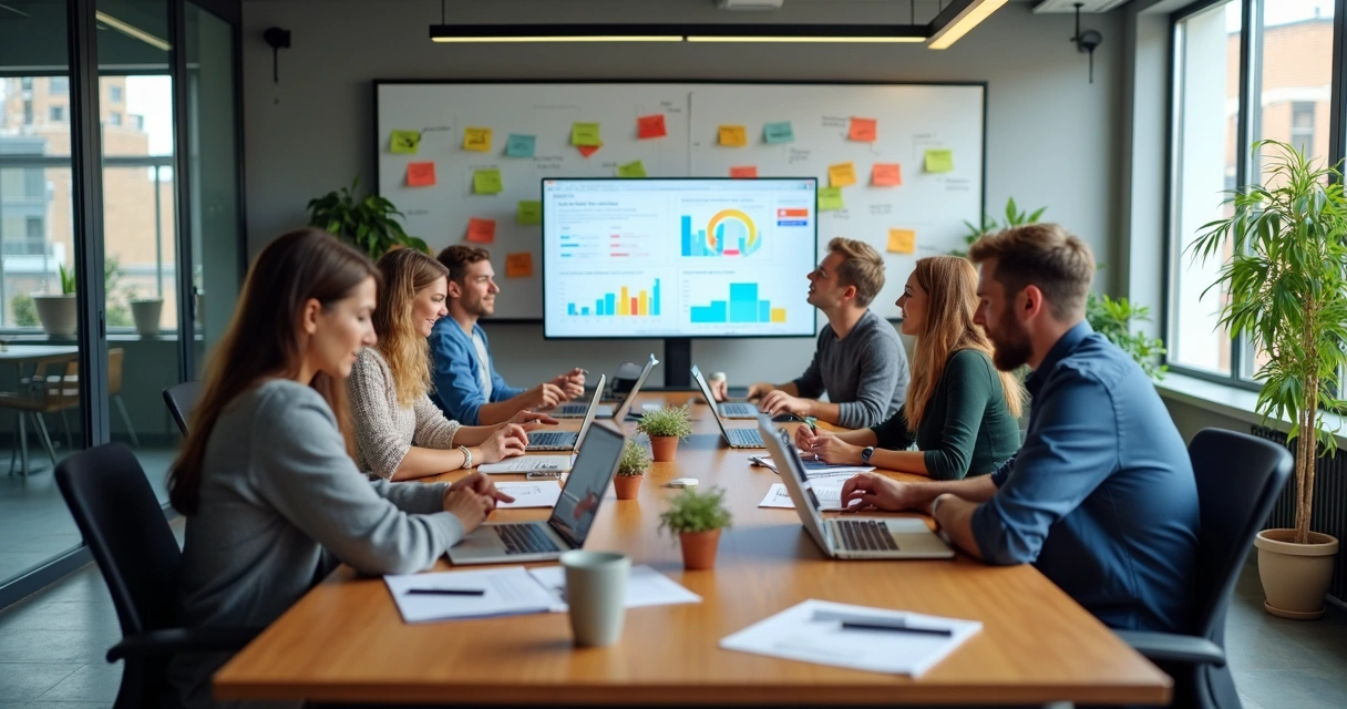 Equipe de agência reunida ao redor de uma mesa com computador e telas mostrando gráficos de projetos 