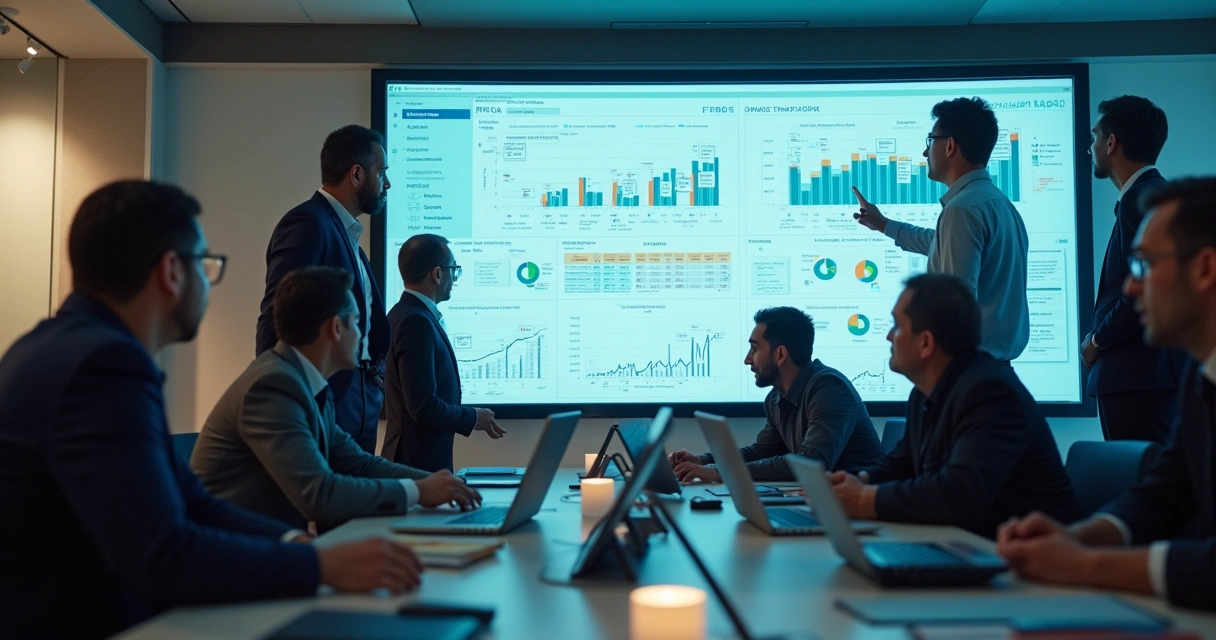 Equipe analisando dados consolidados em tela grande 