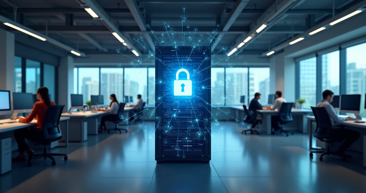 Servidor digital protegido com cadeado virtual e vários funcionários ao redor