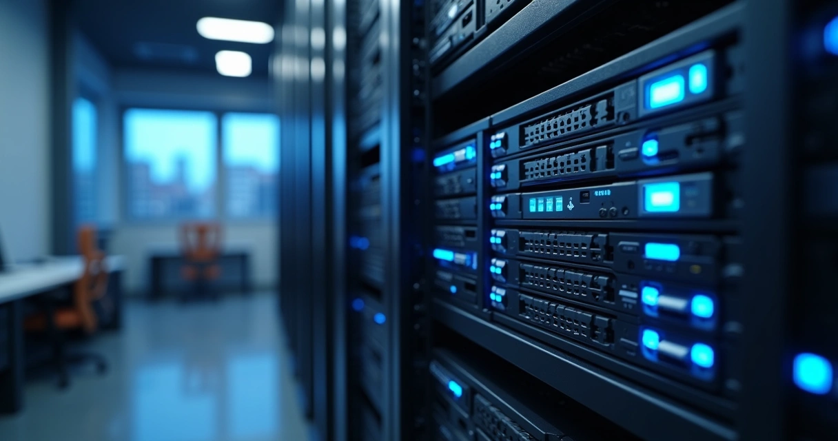 Servidor NAS em um rack corporativo com luzes azuis, símbolo de segurança 