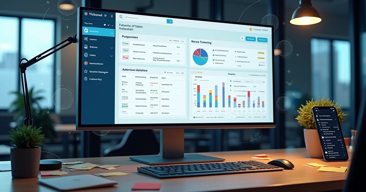 Tela de sistema de chamados internos exibida em monitor com interface organizada e gráficos de controle 