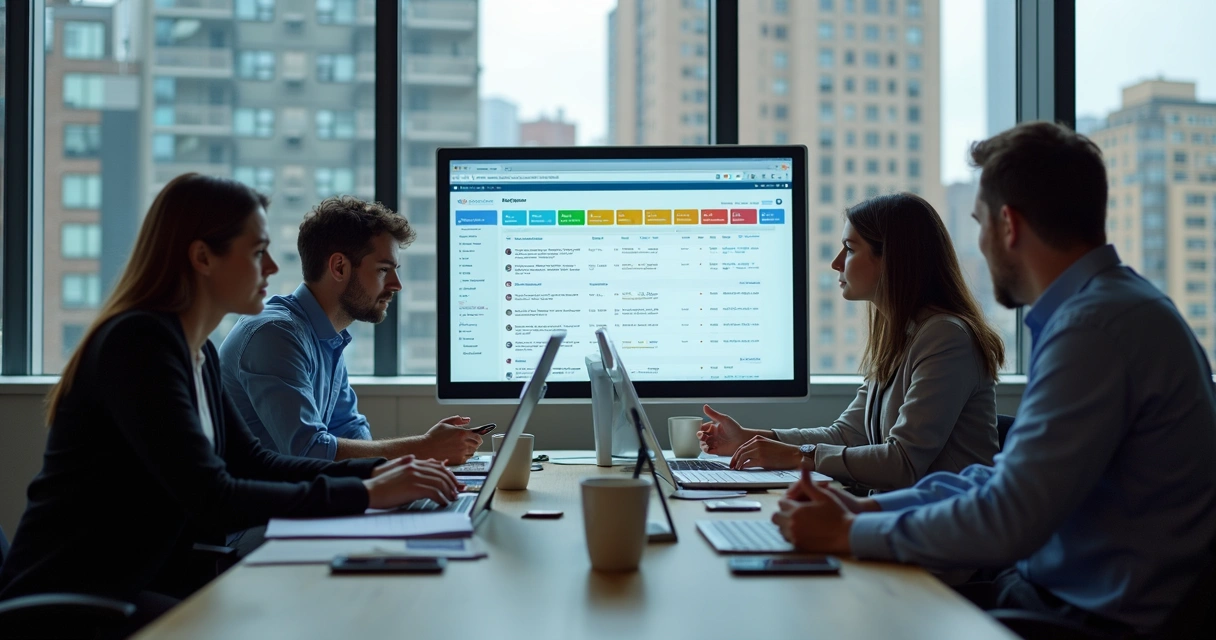 Equipe de administradora de condomínios analisando solicitações em plataforma digital 