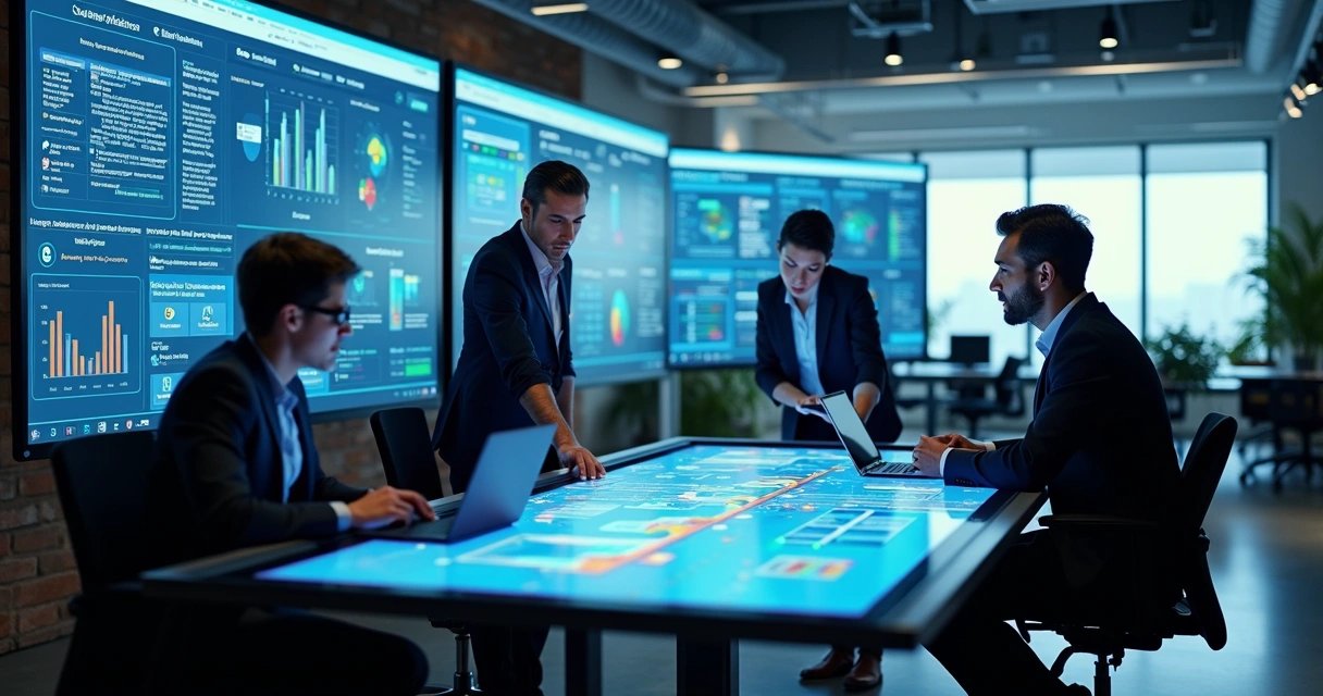 Profissionais de TI utilizando plataforma unificada para gestão de suporte com telas mostrando sistema de tickets, dashboards e automação 