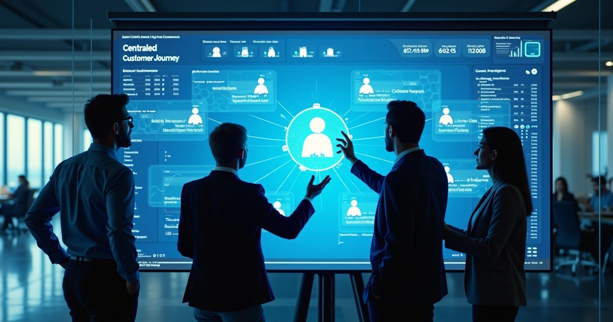 Equipe gerenciando jornada centralizada em painel digital 