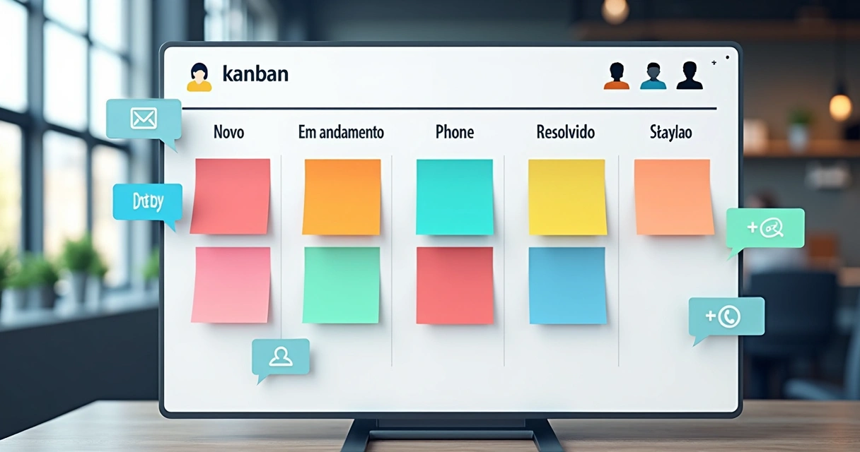 Painel Kanban digital com solicitações organizadas em colunas diferentes