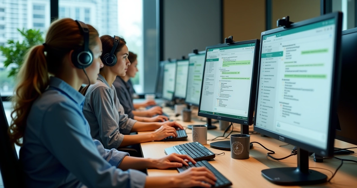 Equipe de atendimento em condomínio usando WhatsApp em computadores. 