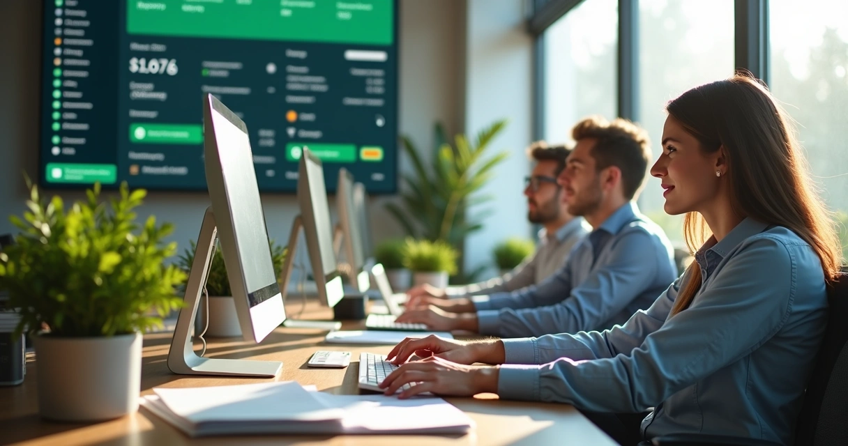 Equipe atenta atendendo a central de WhatsApp no escritório de administração de condomínio 