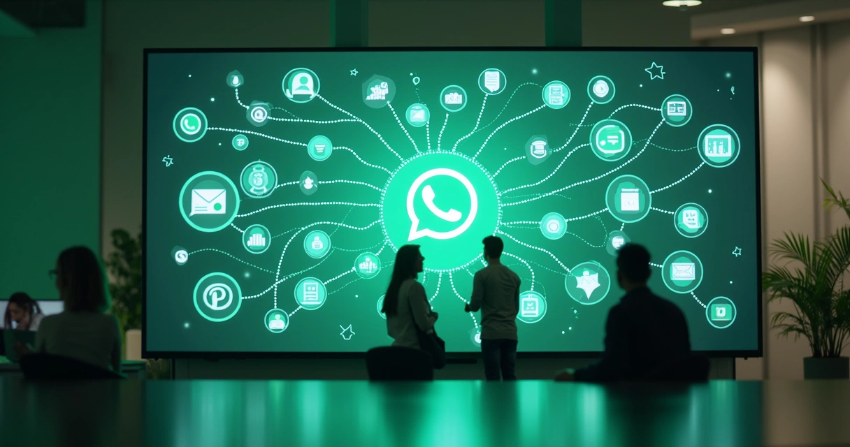 Painel digital mostrando vários sistemas integrados com WhatsApp 