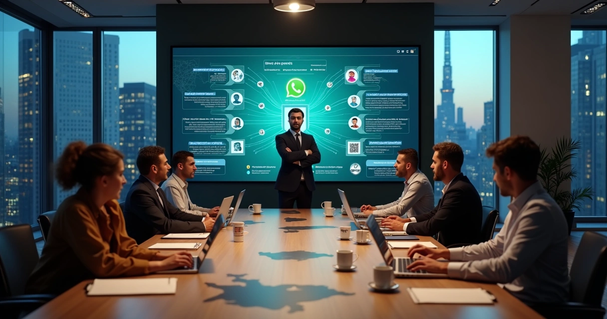 Gestor olhando painel centralizado com leads B2B vindos de múltiplos celulares WhatsApp 