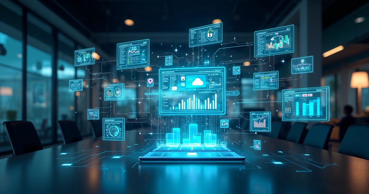 High-tech workspace showing digital screens with interconnected app icons, charts and data flowing into a centralized data warehouse interface 