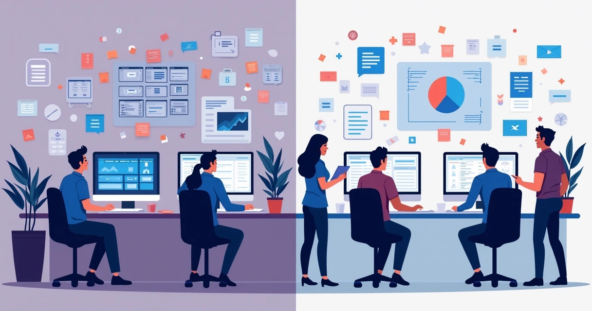 Two distinct office sections, one highly organized with aligned desks and digital dashboards, the other messy with scattered paperwork and independent workers. 