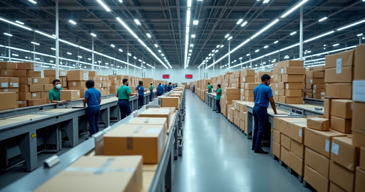 Funcionários de fulfillment automatizado separando pedidos