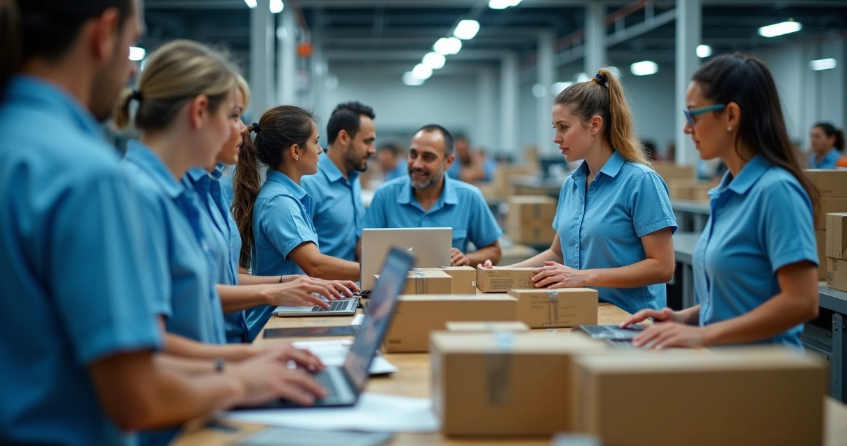 Equipe de logística trabalhando em centro de distribuição com caixas e computadores 