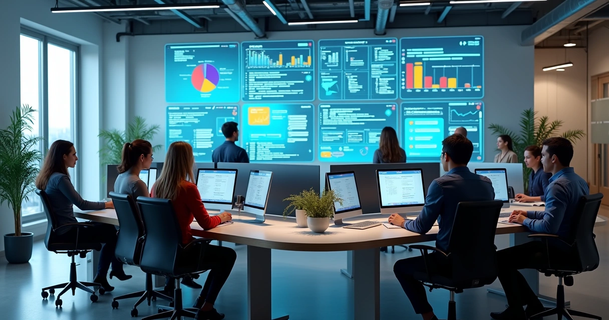 Equipe de TI analisando gráficos sobre desempenho de chatbots IA