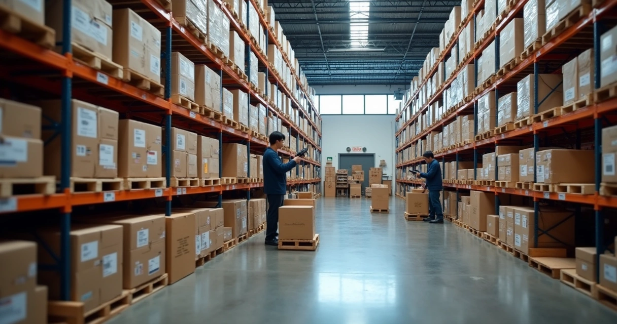 Área de armazenamento com prateleiras organizadas, caixas rotuladas e funcionários separando pedidos 