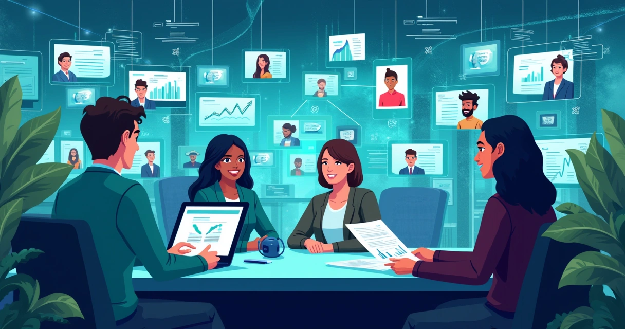 Ilustração de um centro de atendimento onde agentes de IA interagem com clientes simultaneamente.