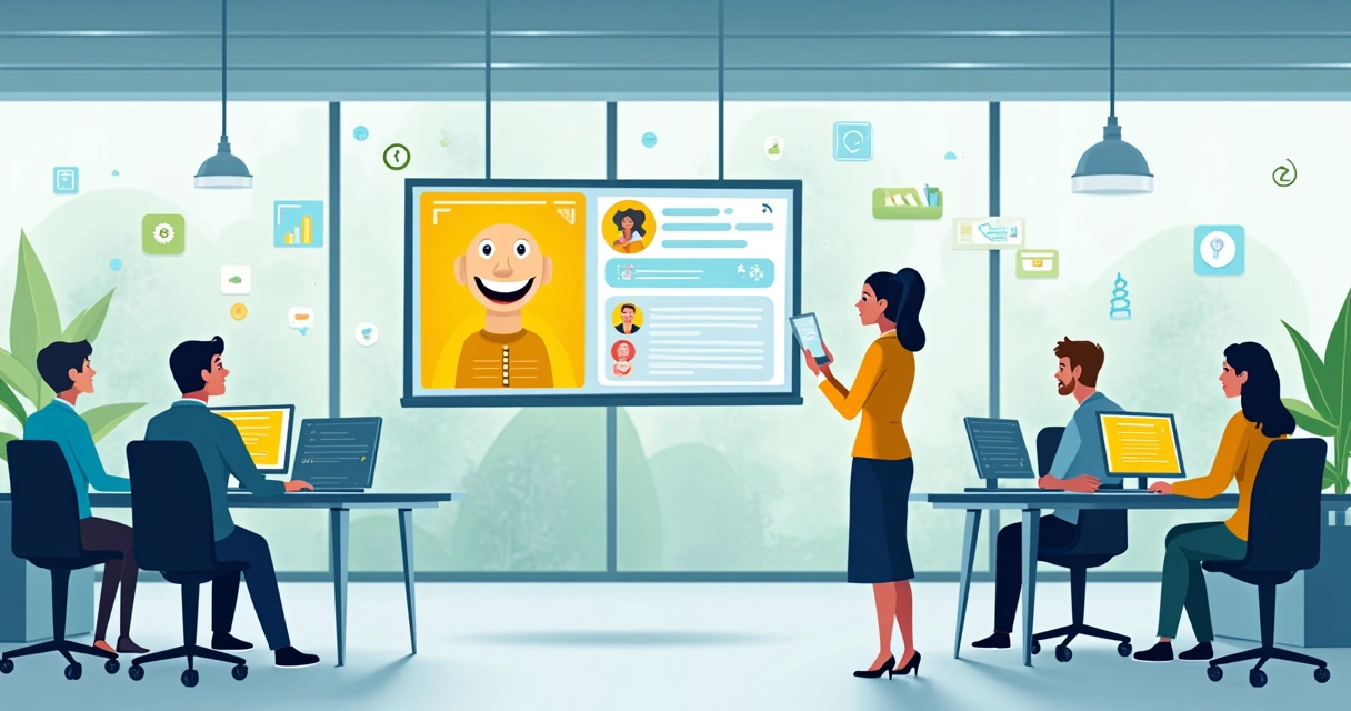 Centro de atendimento ao cliente moderno com assistente virtual e equipe colaborativa, luz natural e ambiente acolhedor.