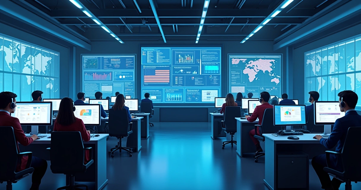 Central de atendimento digital futurista com monitores e gráficos em telas 