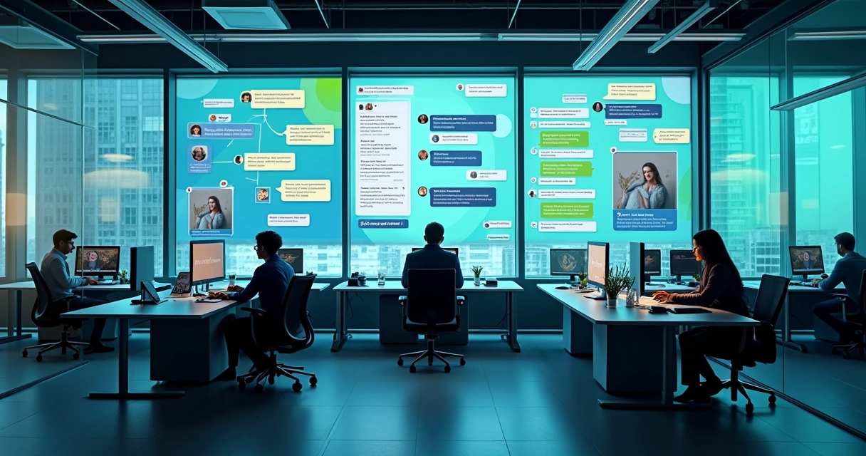 Centro de atendimento digital com telas exibindo conversas de diversos canais 