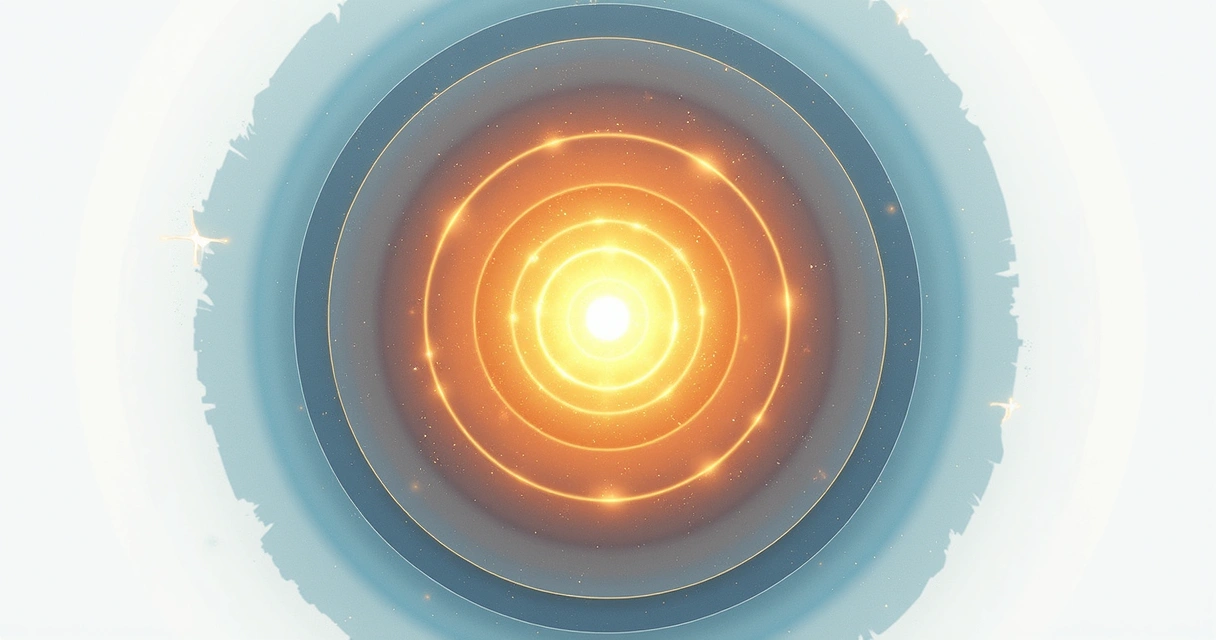 Ilustração de um ser humano com três círculos concêntricos e o círculo central pulsando com energia. 