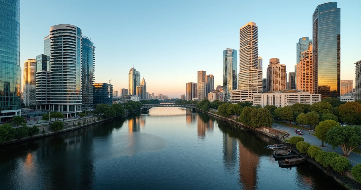Vista do centro de Brisbane com prédios modernos e rio ao fundo 
