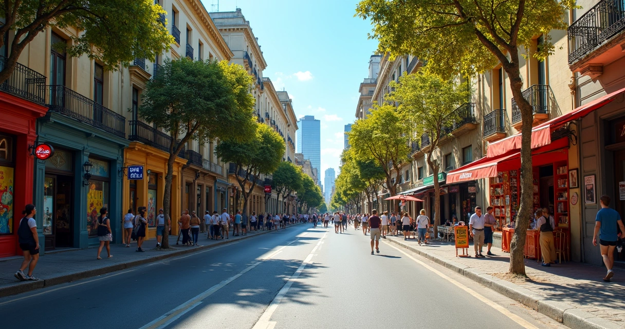Calle cultural em Buenos Aires com pessoas caminhando, lojas e arquitetura histórica 