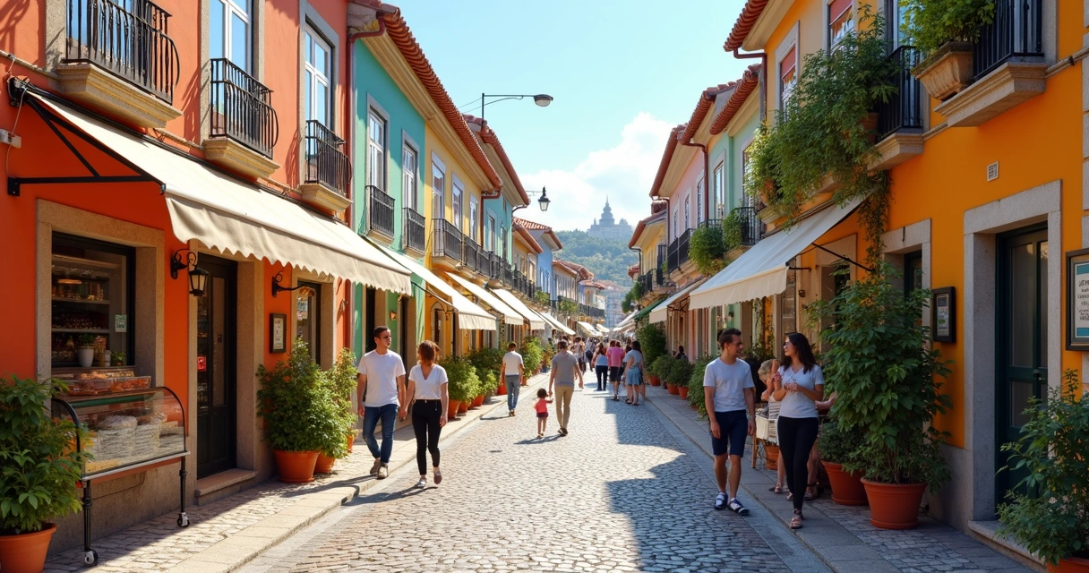 Rua movimentada de cidade pequena no centro de Portugal 