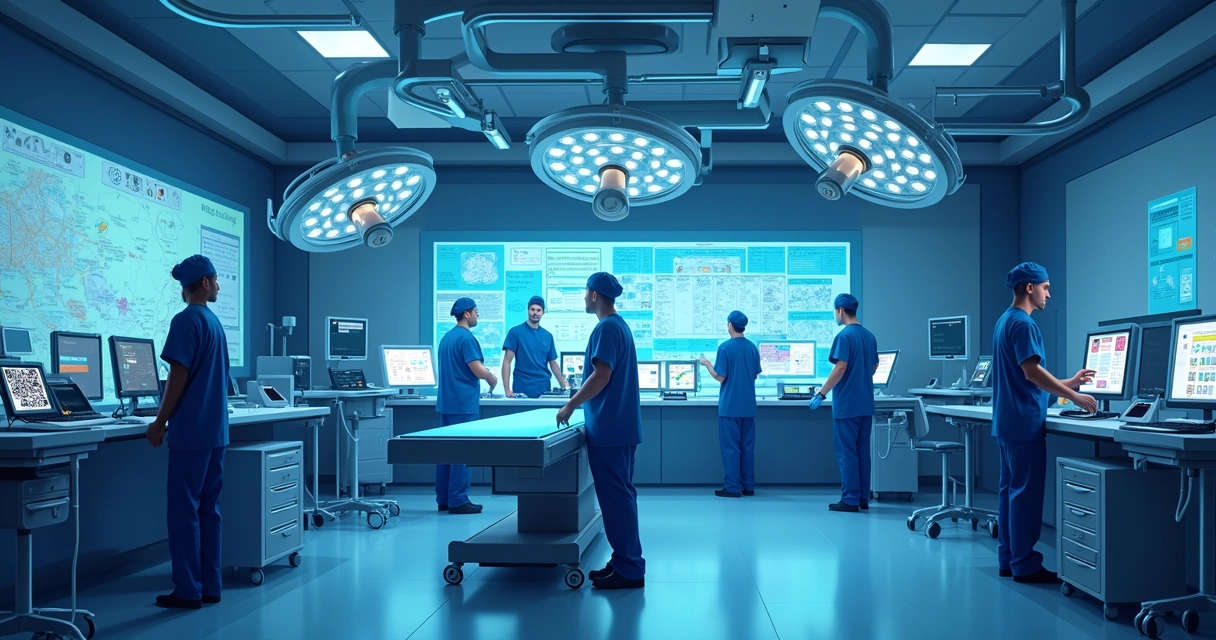 Ambiente cirúrgico moderno com sistemas integrados, telas digitais e profissionais interagindo com equipamentos automatizados 