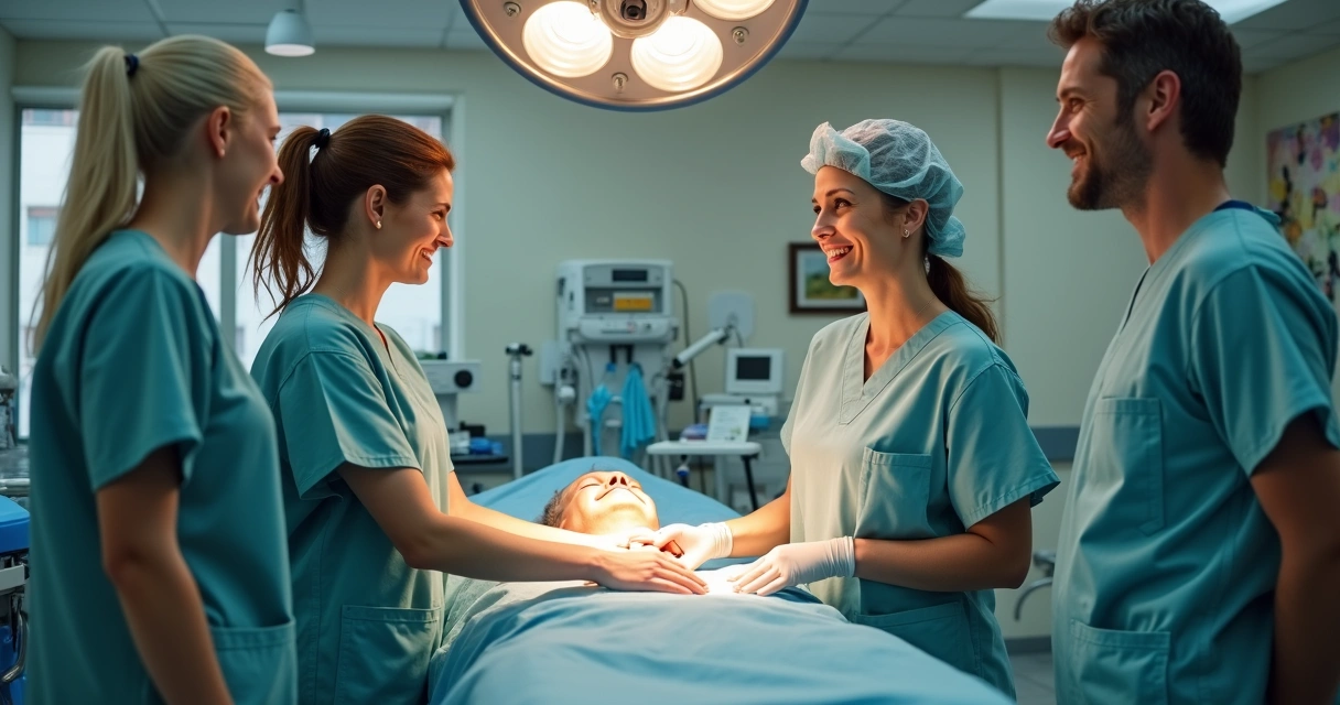 Equipe cirúrgica sorrindo e acolhendo paciente em centro cirúrgico 