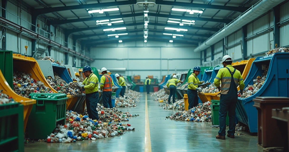 Funcionários organizam resíduos em centro de reciclagem 