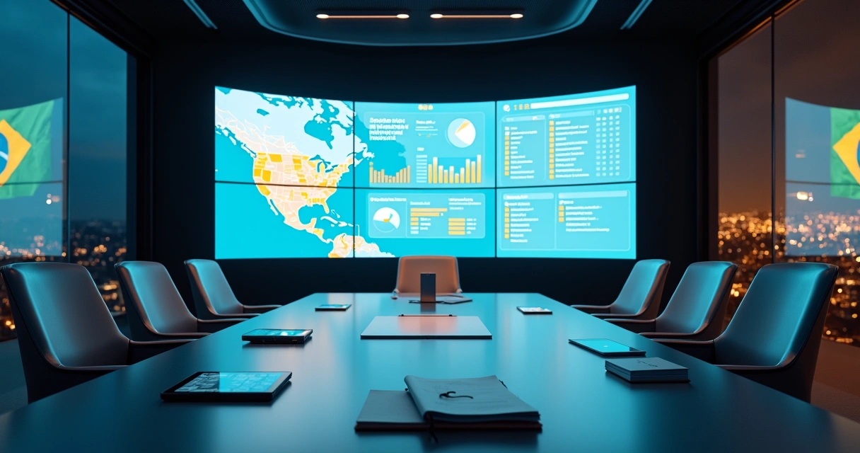 Sala de situação com painel digital de gestão política ao fundo 