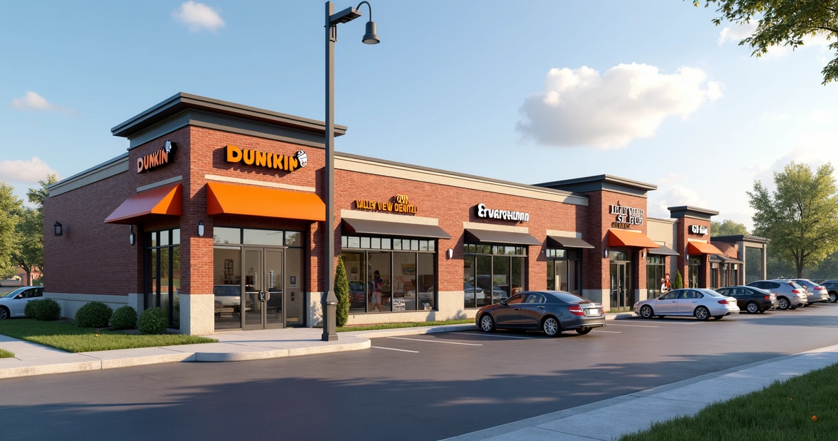 Perspectiva do shopping center Ogden Hill East com Dunkin' drive-thru e outros comércios 