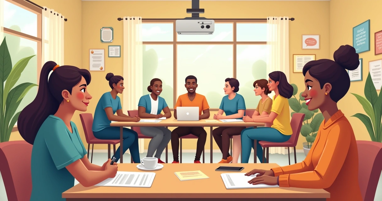Ilustração de um centro comunitário vibrante, com um consultor social e atividades de apoio