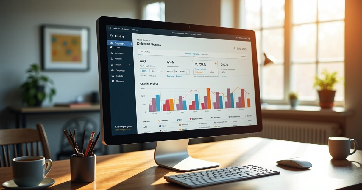 Dashboard colorido de finanças pessoais com gráficos, contas bancárias e cartões organizados em uma tela moderna