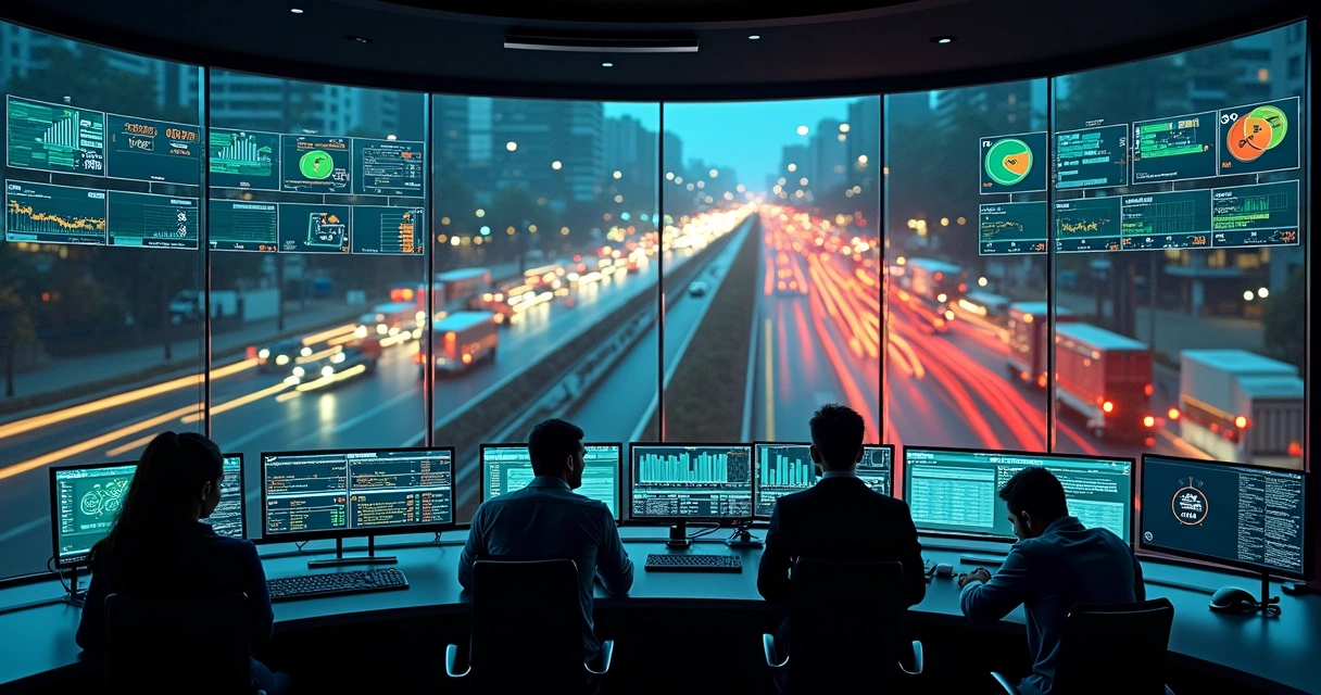 Central de controle de gestão de frotas com ônibus, caminhões e carros conectados por linhas digitais 