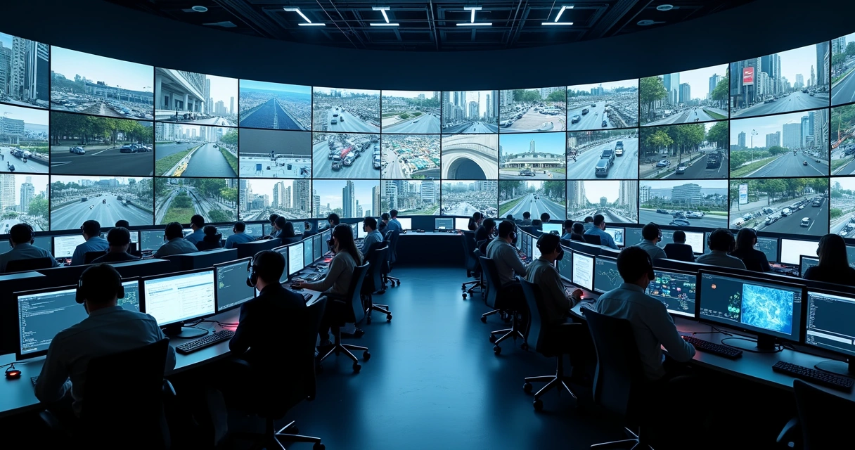 Sala de controle do iSOC SegurPro com videowall gigante e operadores monitorando segurança 