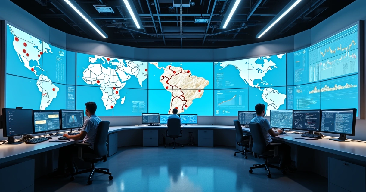 Centro de controle com mapa logístico e dados térmicos