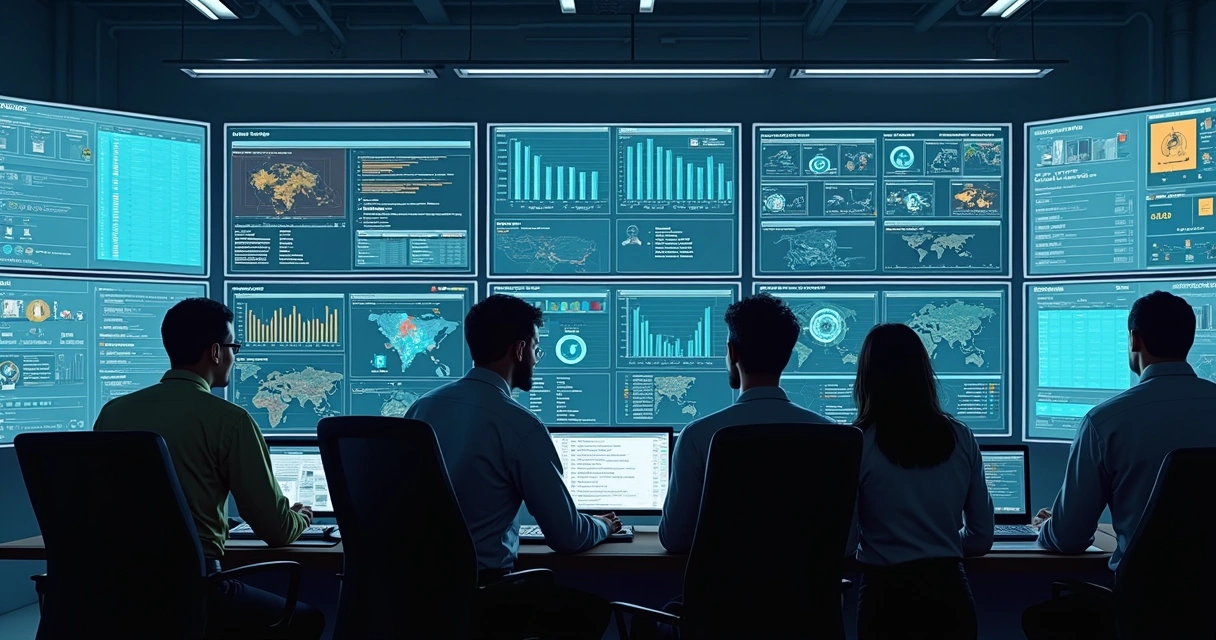 Sala de centro de controle industrial com telas exibindo dashboards de manutenção 