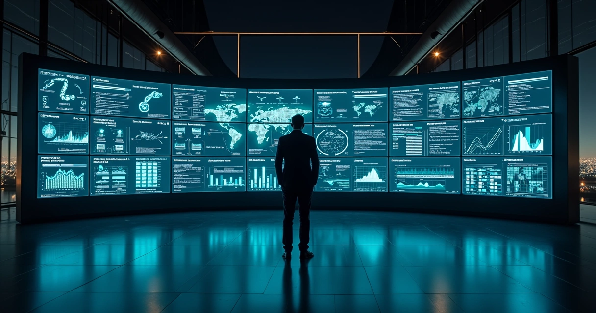 Centro de controle moderno com gestor analisando painéis operacionais digitais 