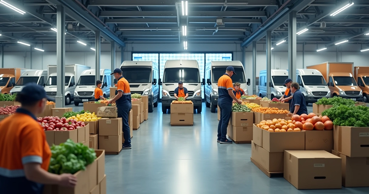 Centro de distribuição de food service com operadores separando produtos e veículos de entrega ao fundo. 