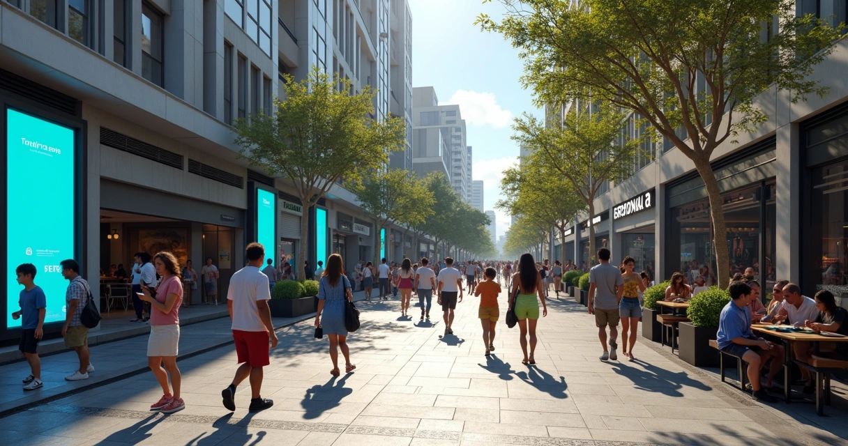 Rua movimentada de Curitiba com prédios e pessoas usando celulares