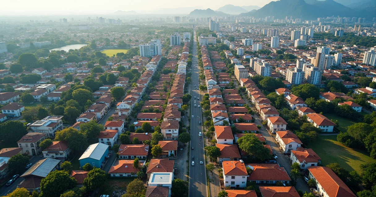 Vista aérea de imóveis residenciais e comerciais no centro de uma cidade 