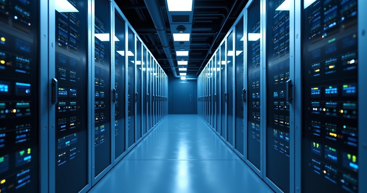 Ambiente de data center moderno com servidores e luzes LED azuis 