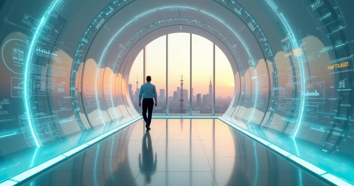 Profissional acompanha fluxo de dados em corredor futurista com skyline de São Paulo 