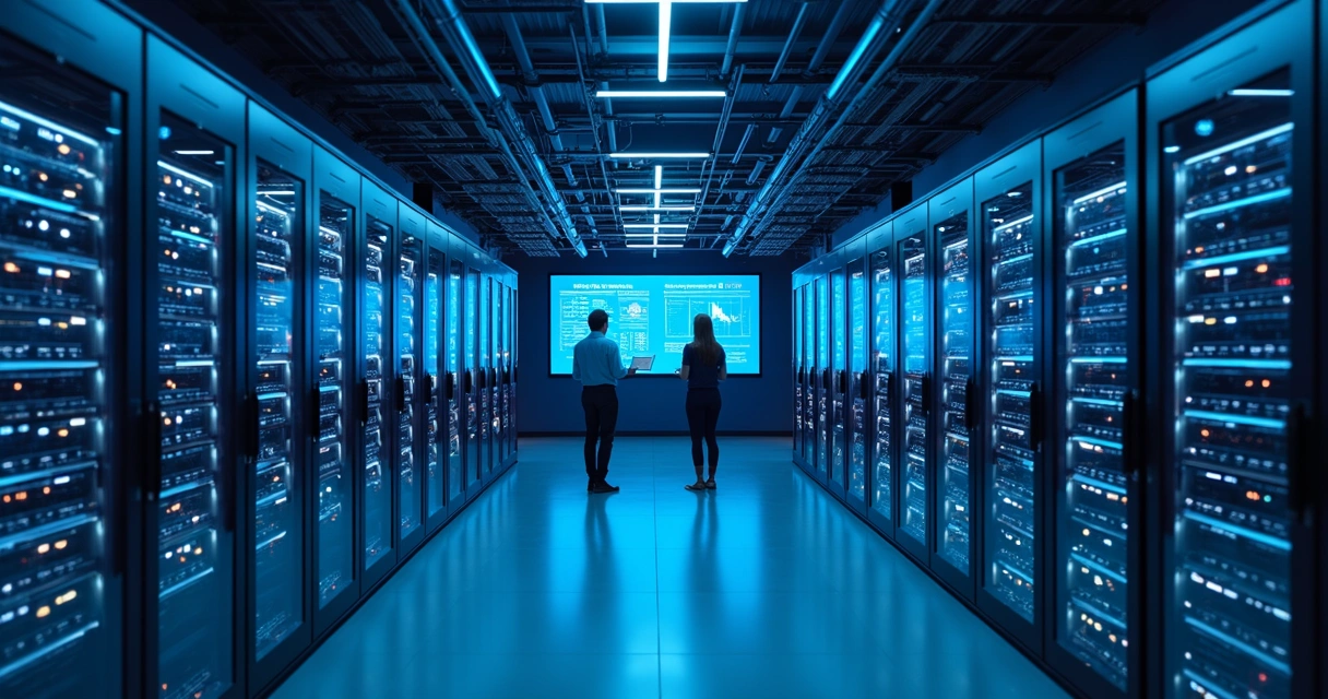 Servidores alinhados em corredor de data center 