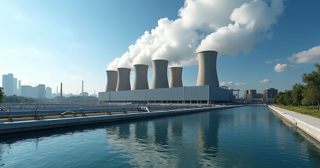 Grandes torres de resfriamento de data center liberando vapor d’água sob céu azul 